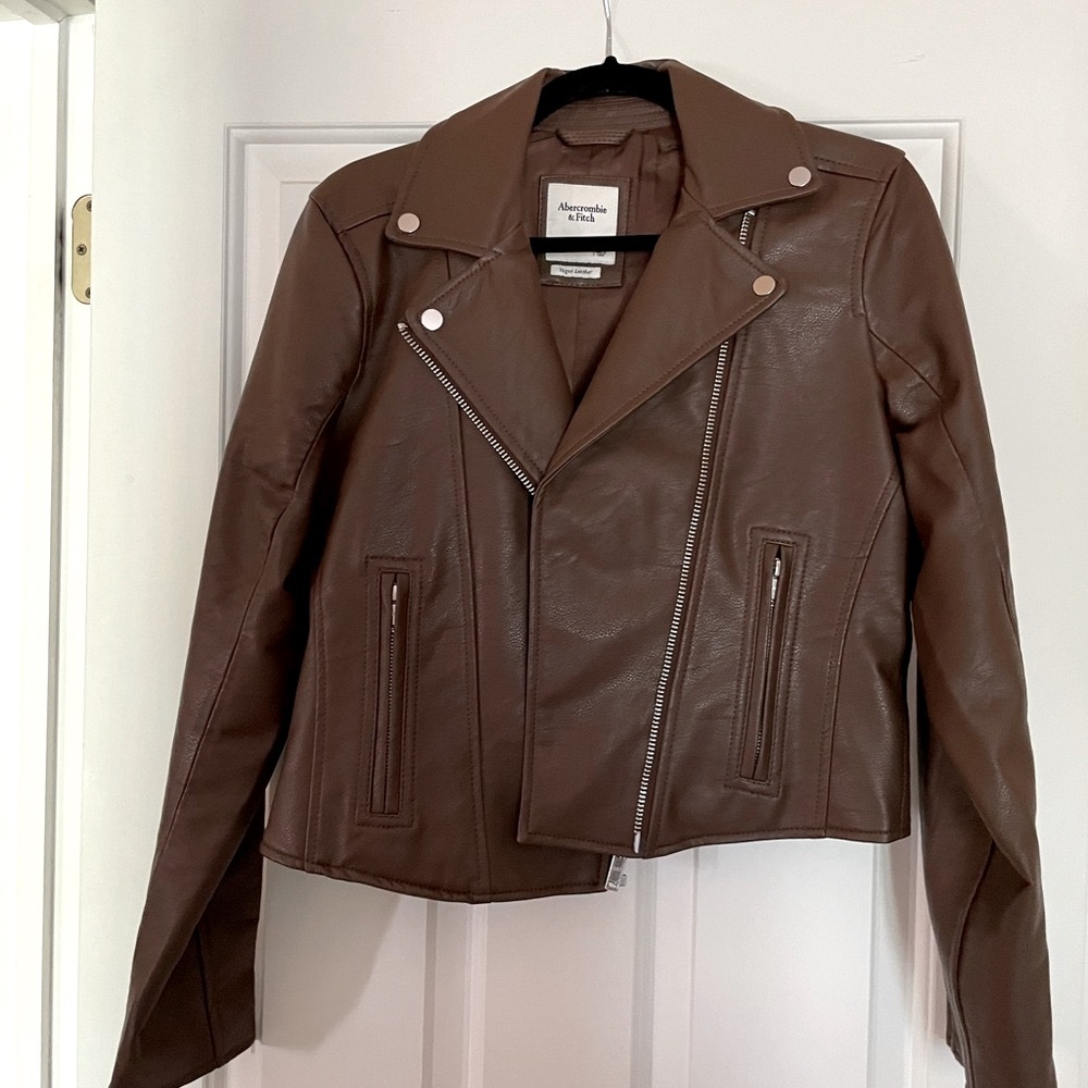 Vegan Leather Moto Jacket, Abercromie & Fitch, Dark Brown, Medium
